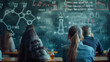 © niwat - Back view of students standing and looking at the blackboard. with chemistry study formulas