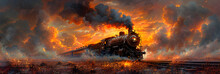 A Painting Of A Train On A Train Track With Smok,
A Painting Of A Steam Engine Rain Coming Down
