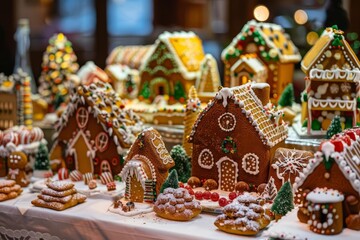 Gingerbread village on a festive table Detailed and colorful Holiday spirit