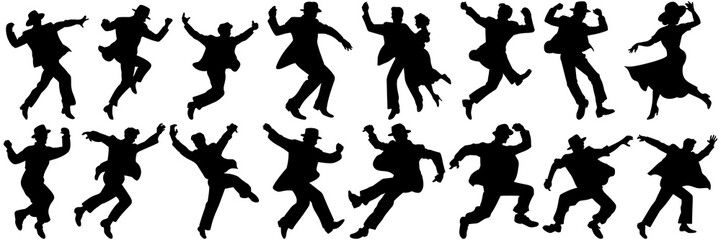 Wall Mural - Dancing people silhouettes set, large pack of vector silhouette design, isolated white background
