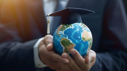 Poster - Education in Global world, Graduation cap on Businessman holding Earth globe model map with Radar background in hands. Concept of global business study, abroad educational, Back to School.