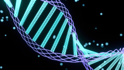 Poster - Animation of spinning dna structure, green and purple digital waves against black background.