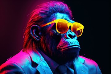 Wall Mural - Quirky Neon monkey portrait. Cool face. Generate Ai