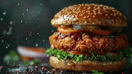 Wall Mural - fresh crispy fried chicken burger sandwich with flying ingredients and spices hot ready to serve and eat food commercial advertisement menu banner with copy space area