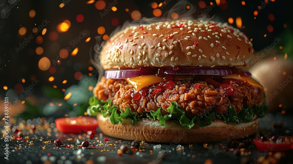 fresh crispy fried chicken burger sandwich with flying ingredients and ...