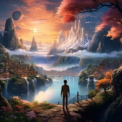 Poster - a painting of a man looking at a fantasy landscape