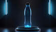 Water holographic bottle with dramatic blacklight on dark background