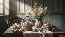 Easter Scene In The Country House: A Table With A Basket Filled With Eggs On Top Of It, Natural Colors, Showcasing The Festive Atmosphere Of Easter In Spring