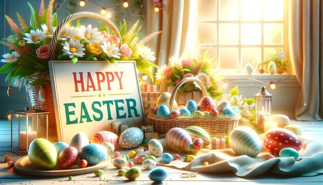 A woven basket filled with colorful Easter eggs, board sign with text Happy easter, festive and joyful atmosphere of Easter celebrations