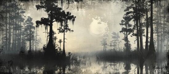 Poster - A black and white scene featuring trees along the waters edge. The contrast between the dark trees and the light reflections on the water creates a striking visual composition.