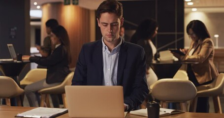 Poster - Business, man and laptop, work at night and typing report for legal case, research and analysis. Corporate, lawyer and writing notes, productivity in coworking space and review for deadline at office