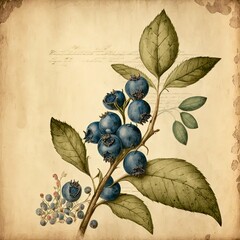 Poster - a painting of blueberries on a branch with leaves