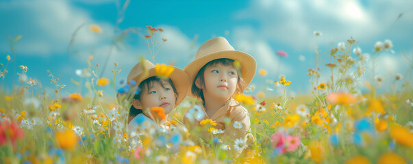 Two adorable little girls playing in a flower field in spring. Banner concept for spring, web, cover, advertisement.