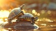 A pair of turtles share a sunlit rock generative ai