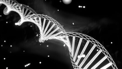 Poster - Abstract animated construction of DNA molecule of small particles. Design. Medical research, genetic engineering.
