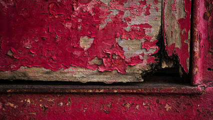 Wall Mural - Old wooden background with peeling red paint, close-up.