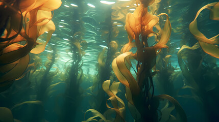 Seaweed and natural sunlight underwater seascape in the ocean