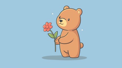 Wall Mural - cute little bear holding a flower in his hands, generative ai