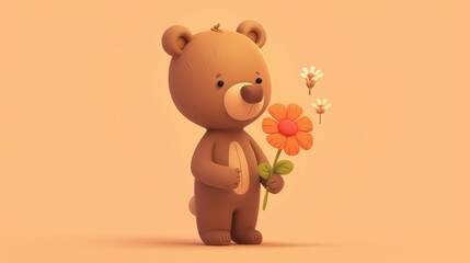 Sticker - cute little bear holding a flower in his hands, generative ai