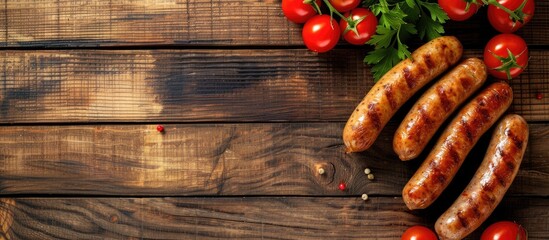 Poster - Juicy tomatoes and three sizzling sausages are prominently placed on a rustic wooden table. The contrast of the vibrant red tomatoes against the brown wooden surface creates a visually appealing scene