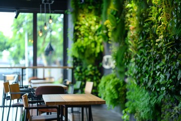 Modern restaurant interior with vertical gardens enhancing urban eco-design, promoting sustainability and a green lifestyle in commercial spaces
