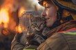 Firefighter holding a kitten during a rescue operation, portraying courage, care, and the emotional connection between first responders and animals in crisis
