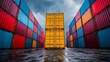 © yj - Stacked cargo containers in the storage area of freight sea port terminal, concept of export-import and national delivery of goods. generative AI