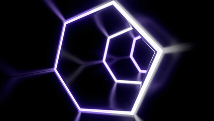 Poster - Flying inside dark virtual tunnel with neon hexagonal grid. Design. Bright neon grid of hexagons in the endless bending corridor.