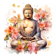 colorful buddha statue with flowers, watercolor style. generative ai