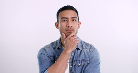 Leinwandbilder - Man, face and thinking or hand in studio for problem solving, solution or pink background. Asian person, finger gesture and wondering on mockup space for decision question for choice, idea or insight