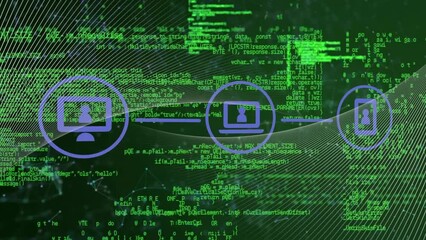 Poster - Animation of digital data processing and icons over black background
