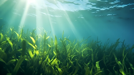 Seaweed and natural sunlight underwater seascape in the ocean, landscape with seaweed