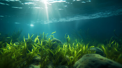 Seaweed and natural sunlight underwater seascape in the ocean, landscape with seaweed