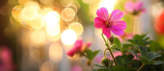 Sticker - Beautiful pink flower blooming in front of a glowing blurred light background