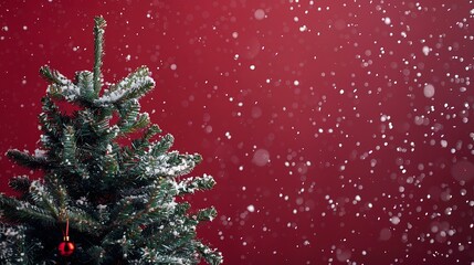 Aufkleber - Beautiful green elegantly decorated Christmas tree on an evening dark red background with flying snow fluffs Bright colorful artistic image copy space : Generative AI
