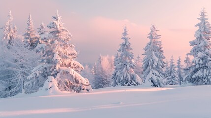Poster - Beautiful fairy winter Trees and fir trees glow in the snowcovered forest park in the snow in the sunlight at dawn in pink tones Magnificent wonderful winter nature : Generative AI