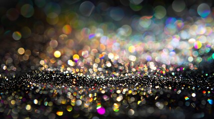 Poster - Glitter spectacular colorful dark background black silver and golg color defocused Explosion of sparks in ray of light : Generative AI