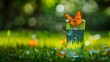 A tall beautiful glass with pure clean natural mineral water and an orange butterfly against a green lawn background closeup macro : Generative AI