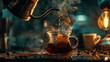 Making pour over coffee with hot water being poured from a kettle : Generative AI