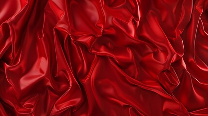 Aufkleber - Red silk satin Soft folds Fabric Bright luxury background Space design Wavy lines Banner Flat lay top view table Template Beautiful Elegant Christmas New Year Valentine Mothers Day : Generative AI