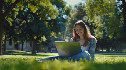 Poster - Front view of a happy student girl working with a laptop in a green park of an university campus : Generative AI