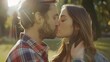 Woman trying to kiss a man and he is rejecting her outdoor in a park : Generative AI