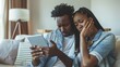 Worried couple checking bank account trouble online in a tablet sitting on a couch in the living room at home : Generative AI