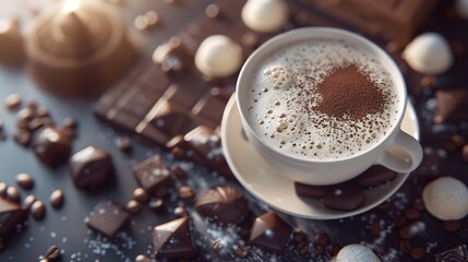 Poster - A cup of hot coffee with foam and chocolate sweets on the table Beautiful composition concept for a coffee house : Generative AI