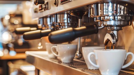 Poster - closeup image of the coffee machines that are operating automatical Coffee flowing into coffee cup that is prepar for service Coffee aroma bake the whole shop and the shop atmosphere t : Generative AI