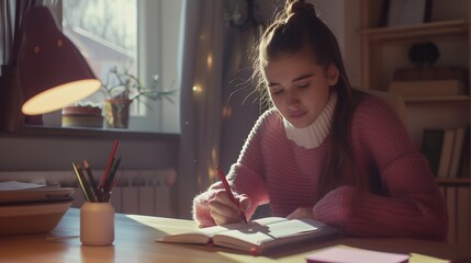 Poster - Beautiful student studying on line and learning writing notes in a desk at home : Generative AI