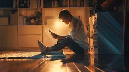 Poster - Entrepreneur or student working or studying at home and writing notes sitting on the floor at home : Generative AI