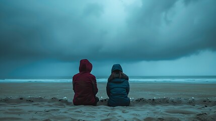 Back view of two sad teenagers sitting on the sand of the beach and looking at horizon in a bad weather day : Generative AI