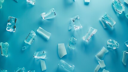 Poster - A lot of translucent pieces and ice cubes on a blue background closeup top view : Generative AI