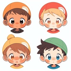 Wall Mural - Set of Cute Cartoon Boy Faces with Different Expressions and Hats